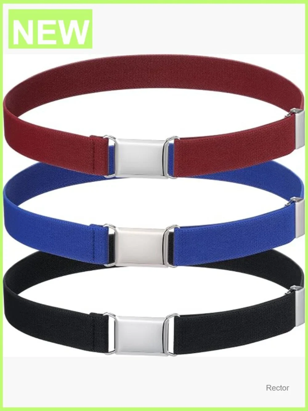 3-Pack Kids Elastic Stretch Belt with Silver Square Buckle